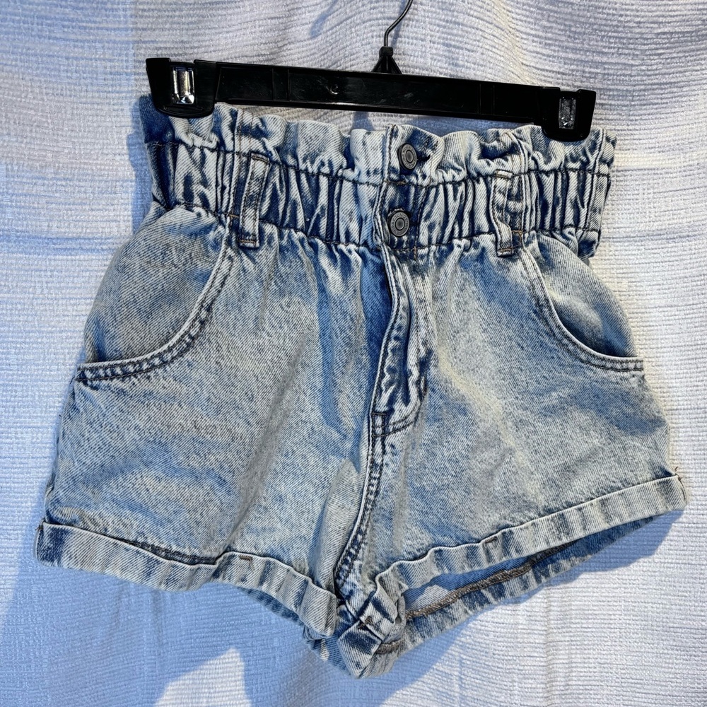 PacSun High-Waist Paperbag Denim Shorts - Light Blue